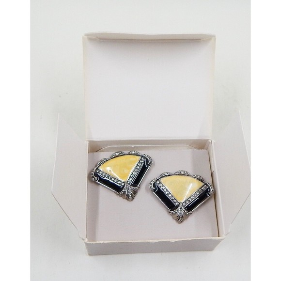 Avon Art Deco Faux Marcasite Pearlized Cream Black Enamel Fan Earrings Pin - Picture 9 of 12